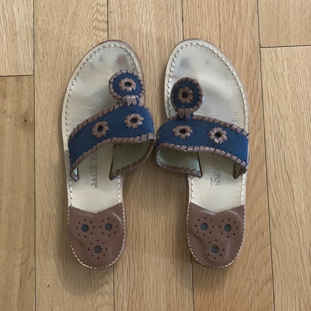 Jack Rogers Floral Applique Denim Leather Sandals Blue Tan Womens 6